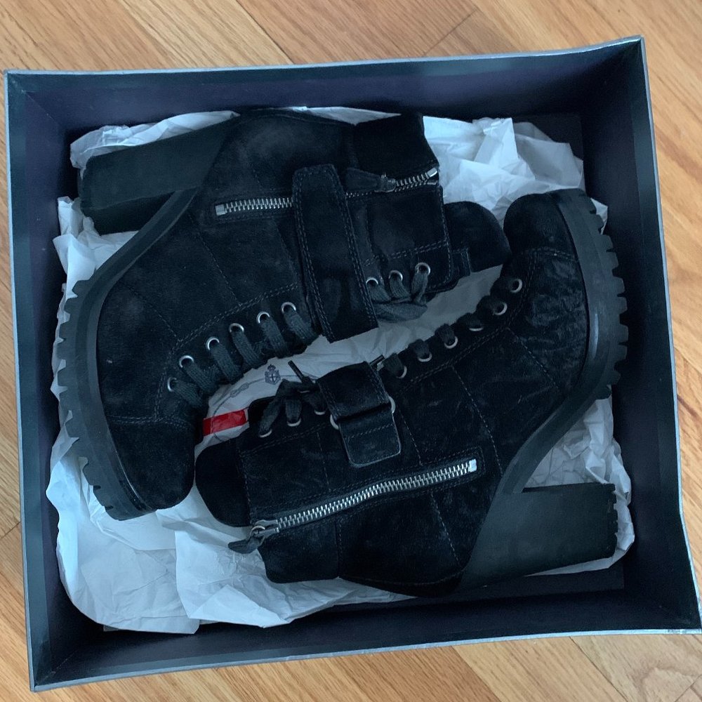 Prada Black Suede Combat Boot w/ Heel Size EU35.5